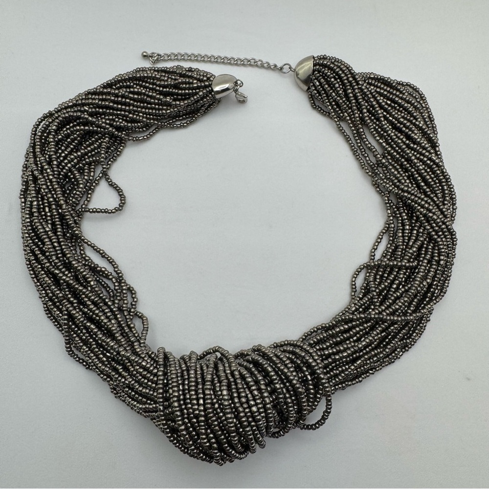 Multi Strand Gunmetal Seed Bead Statement Necklace Bold Weighted Boho Chunky